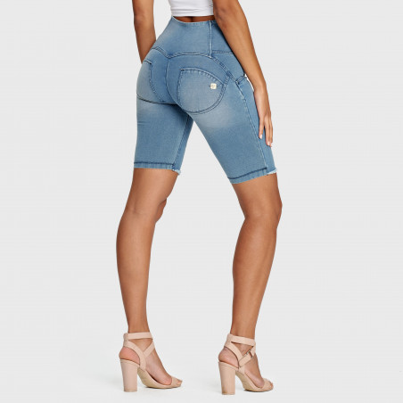 WR.UP® Denim Effect - High Waist Biker Shorts - Frayed Hem - J4B - Clear Denim - Blue Seam