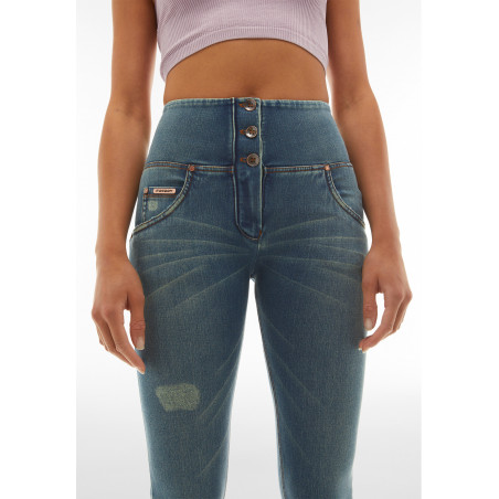 WR.UP® Snug Push-Up Jeans - Buttoned High Waist Super Skinny - J129T - Dirty Denim - Tobacco Seam